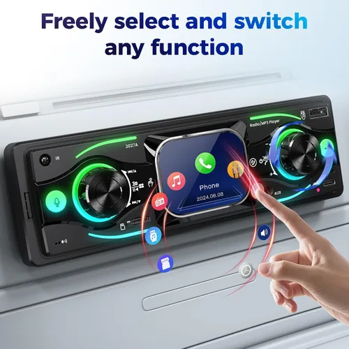 Vista 3 de Estéreo de coche DIN sencillo con pantalla táctil, audio Bluetooth, receptor de radio para coche, entrada dual MP3/USB/SD/AUX, carga rápida
