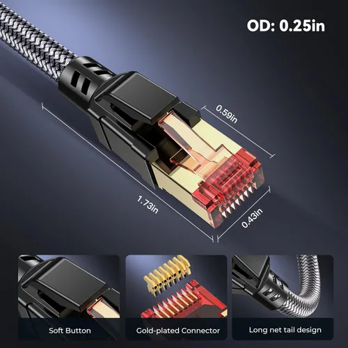 Vista 5 de Cable Ethernet Cat 8 de 1.5 pies, cables de Internet LAN Gigabit de alta velocidad de 40 Gbps 2000 MHz, cable de conexión RJ45 trenzado redondo