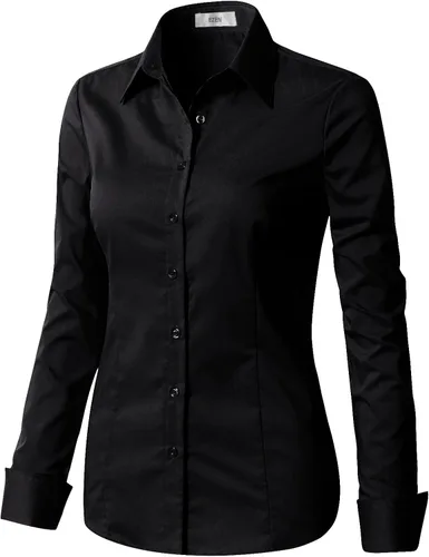 Vista 2 de EZEN - Blusa de manga larga, ajustada, elástica, con cuello de botones para mujer, para oficina, estilo formal, casual