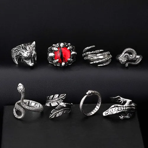 Vista 6 de Honsny 15Pcs Vintage Silver Punk Knuckle Rings for Men Women Cool Gothic Ring Cute Animal Statement Open Ring Set Snake Dragon Stackable Finger