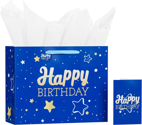 Vista 14 de Powbrace Bolsa de regalo de cumpleaños número 30 negra de 13 pulgadas con papel de seda y tarjeta de felicitación para fiestas, bolsa de regalo