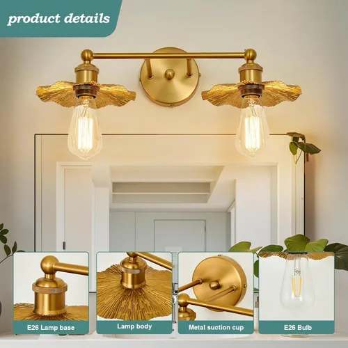 Vista 4 de ZGLAOJT 2 Luces Vintage para Tocador Doradas Accesorios de Iluminación para Baño Sobre Espejo.