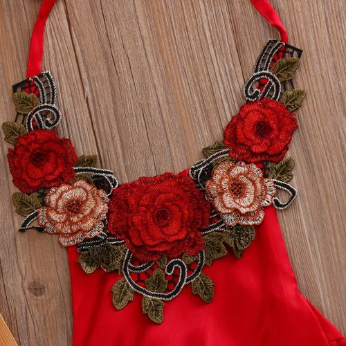 Vista 3 de Mrs.Baker'Home Baby Girl 3D Flower Applique Halter Floral Romper,Backless Bodysuit,Ruffle Sunsuit
