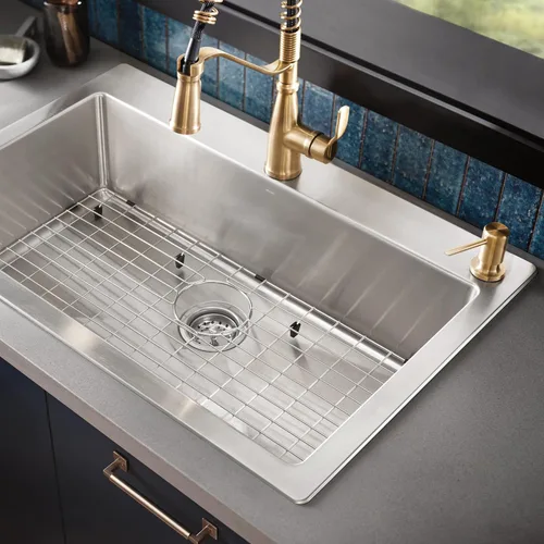 Vista 14 de Moen Nolia Oro Bronce de Una Manija con Un Solo Orificio Grifo de Cocina de Resorte con Rociador Desplegable y Dispensador de Jabón, 87886BZG