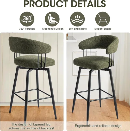 Vista 4 de Glitzhome Juego de 2 taburetes de bar giratorios de 31.5 pulgadas de altura de asiento, modernos taburetes de bar de tela verde cazador de mediados