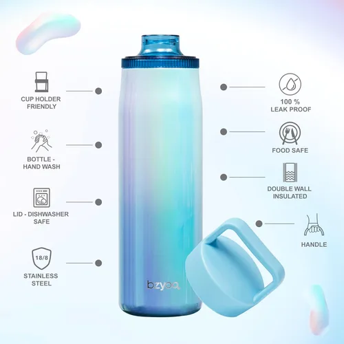 Vista 7 de bzyoo Botella de agua aislada de 24 onzas con tapa transparente para beber – Botella de acero inoxidable 100% a prueba de fugas, azul iridiscente