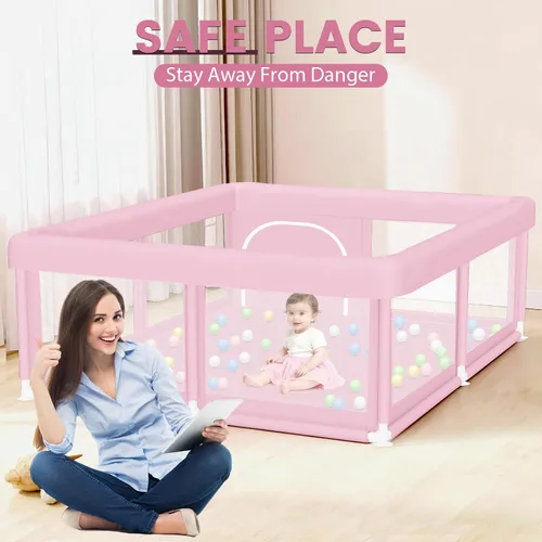 Vista 7 de Hiaksedt Corralito, cerca para bebés y niños pequeños, para interiores y exteriores, con malla transpirable anticaídas (color rosa) Estructura