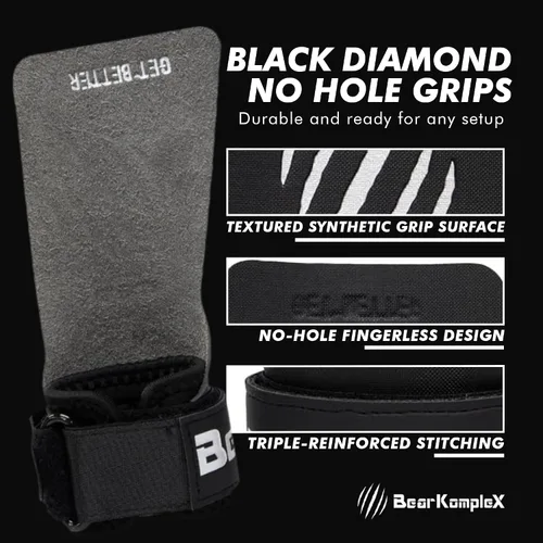 Vista 3 de Bear KompleX Black Diamond - Agarres sin agujeros para levantamiento de pesas, ligeros y de alto rendimiento, protegen las manos y proporcionan