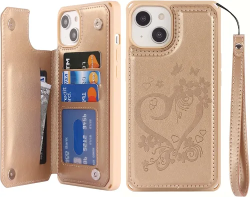 Vista 14 de iCoverCase Funda compatible con iPhone 14 Plus con tarjetero para mujer, bloqueo RFID en relieve, piel sintética con correa de muñeca de 6.7
