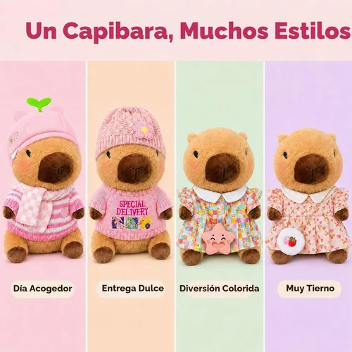 Vista 4 de Capybara - Juguete de peluche con 7 piezas de ropa y accesorios, lindo animal de peluche Capybara con trajes (marrón)