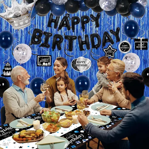 Vista 5 de Decoraciones de cumpleaños para niños, hombres, mujeres y niñas, decoración de fiesta de feliz cumpleaños azul y negro, pancarta de feliz