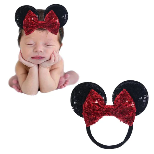 Vista 10 de Diadema de orejas de ratón con lazo de lentejuelas, banda elástica suave para el pelo, diadema de fiesta para bebés, niñas recién nacidas, niños