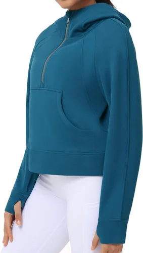 Vista 9 de THE GYM PEOPLE Sudaderas con capucha para mujer, media cremallera, manga larga, forro polar, con bolsillos, agujero para el pulgar