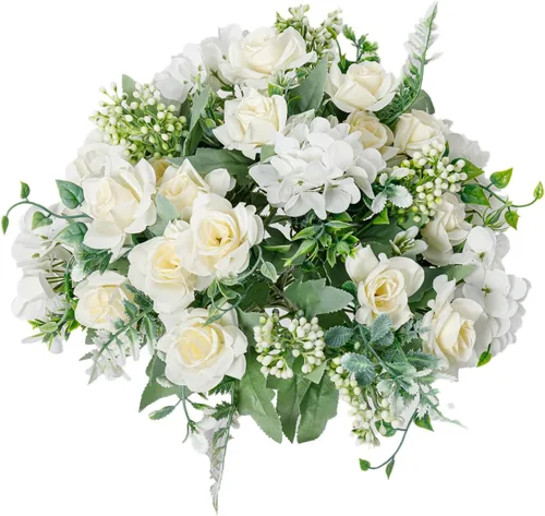 Vista 7 de Ramo de flores artificiales de seda artificial, 5 ramas, rosas pequeñas para bodas, hogar, oficina, mesas, decoración, 4 paquetes (champán)