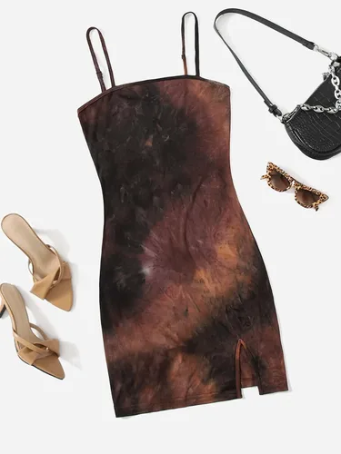 Vista 2 de SheIn Vestido corto sin mangas para mujer, teñido anudado, con tiras, ajustado