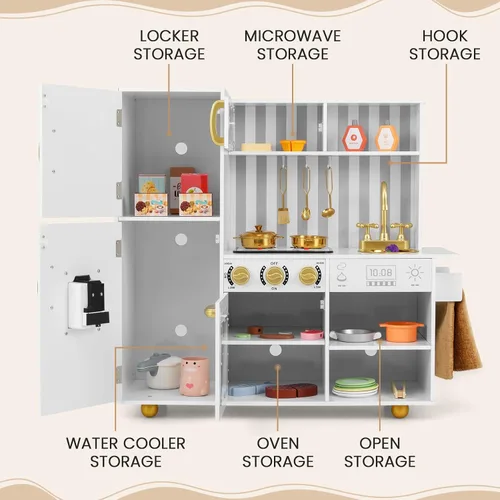 Vista 5 de INFANS Juego de cocina para niños, juego de cocina de madera con luz y sonido realistas, estufa, fregadero, microondas, armario de almacenamiento