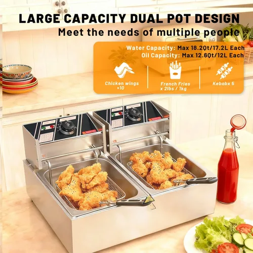 Vista 2 de Freidora eléctrica comercial con canasta, freidora de acero inoxidable de doble tanque de 18.2 cuartos de galón/17.2 L, gran capacidad