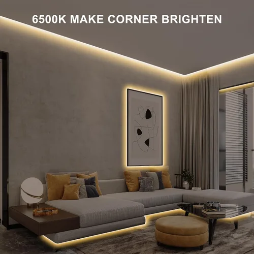 Vista 2 de Tira de luz LED COB de 32.8 pies con control remoto, 2700K Ra93+ regulable blanco cálido brillante luz LED COB tira de luz blanca para espejo