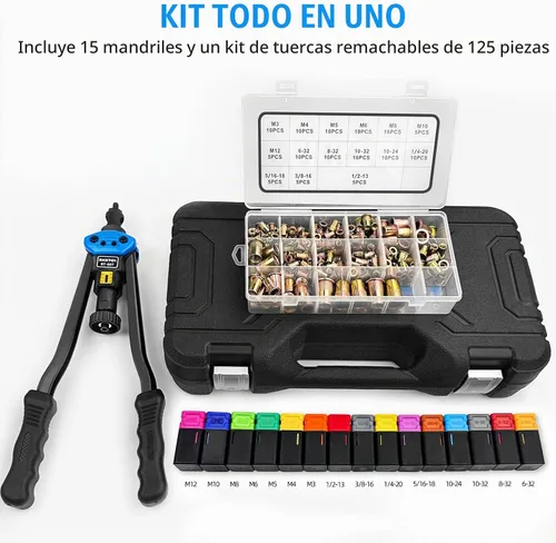 Vista 2 de AKKTOL Kit de herramientas de tuerca de remache, kit de herramientas de remache de 16 pulgadas con 15 mandriles métricos y SAE, kit surtido