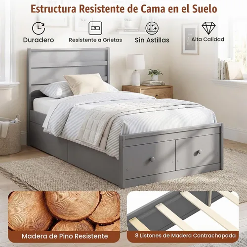 Vista 6 de KOMFOTT Cama individual con 2 cajones, cama de almacenamiento individual con soporte de listones sólidos, cabecera y estribo, marco de cama de Gris
