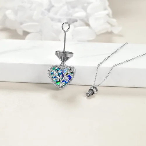 Vista 2 de ONEFINITY Collar de urna de cremación para cenizas de plata de ley con concha de abulón, árbol de la vida, collar con medallón que sostiene imágenes