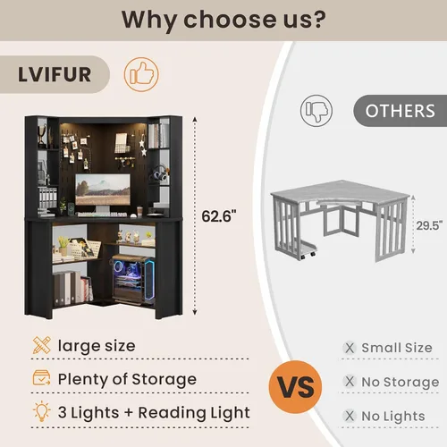 Vista 7 de Escritorio de esquina con luces LED de lectura, escritorio para computadora en forma de L con estante superior y repisas, escritorio triangular