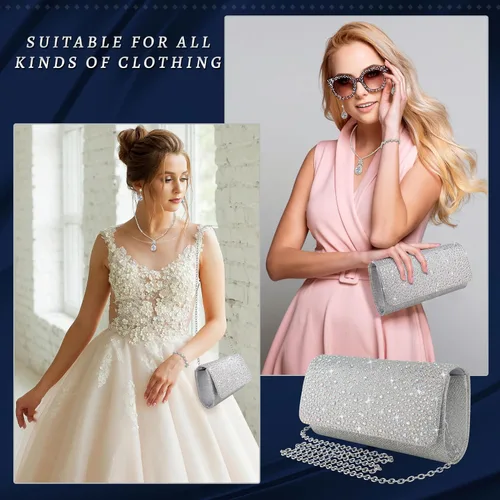 Vista 4 de Juego de 4 piezas de plata para mujer, bolso de mano brillante con diamantes de imitación, bolso de mano para regalo de fiesta de boda, plateado