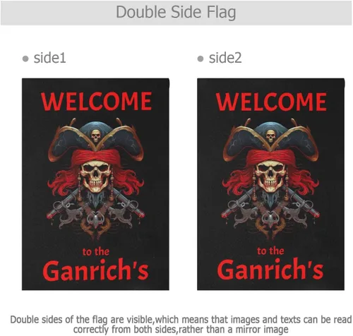 Vista 3 de Bandera de pirata de bienvenida personalizada con tu nombre, bandera de jardín de 12 x 18 pulgadas, bandera náutica de barco de doble cara, regalos