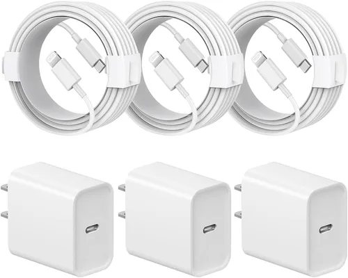 Vista 10 de Cargador de carga rápida para iPhone 14, 13, 12, 11, paquete de 3 cargadores de iPad de 20 W, cargador C de 6 pies, cable de carga rápida Whit Negro