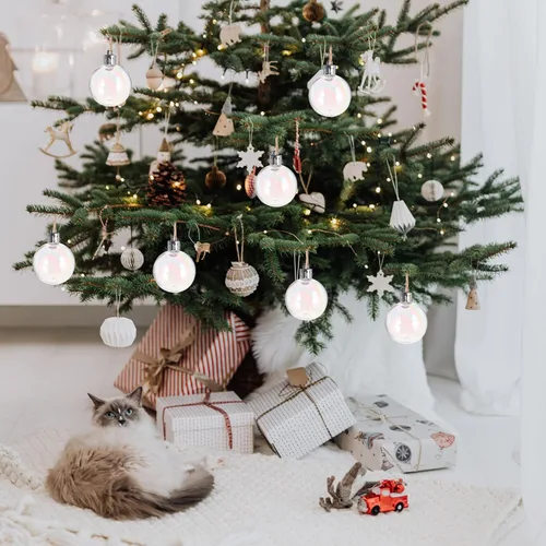 Vista 4 de Gadpiparty 12 adornos de bolas de Navidad iridiscentes, bolas de plástico blanco de 1.5 pulgadas, bolas de árbol de Navidad para bricolaje, fiesta