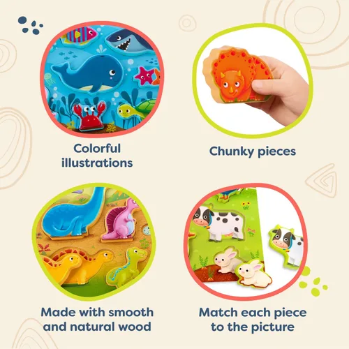Vista 5 de B. toys – Mira y Explora 3 – Pack – Granja, Mar, Dinos – Juego de Rompecabezas Grueso 3 – Pack – Rompecabezas de Madera – 8 Piezas Cada Uno – 2+