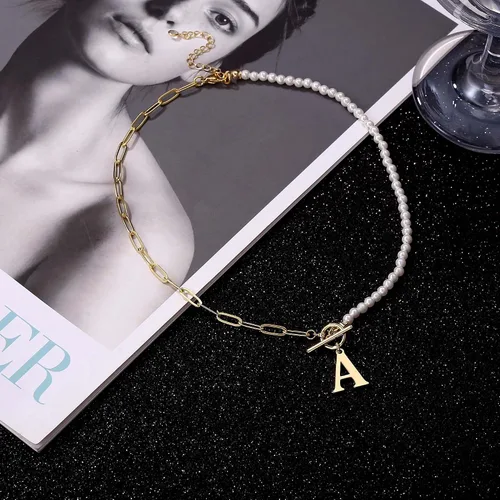 Vista 5 de Yoosteel Collar de perlas con inicial para mujer, gargantilla de cadena de perlas delicadas, collares con iniciales para mujer, cierre de palanca