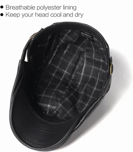 Vista 4 de Gorra plana de piel de cabra para hombre, correa ajustable que se adapta a 22.4-23.6 pulgadas, gorra de conducción negra, gorra de periódico