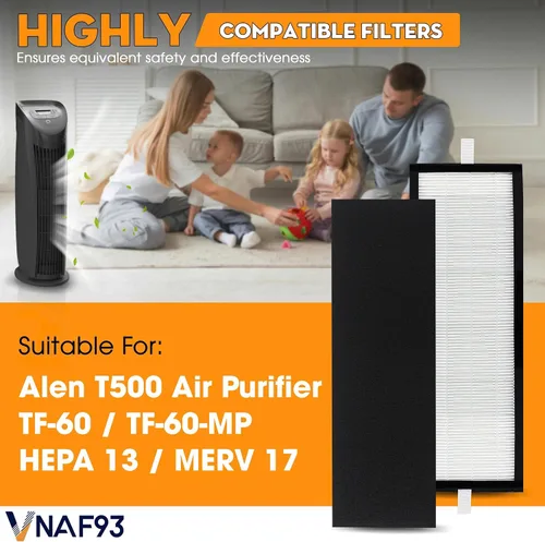 Vista 3 de Paquete de 2 filtros HEPA para purificador de aire Alen T500, TF-60 / TF-60-MP, HEPA 13 / MERV 17, compatible con filtro de repuesto Alen T500