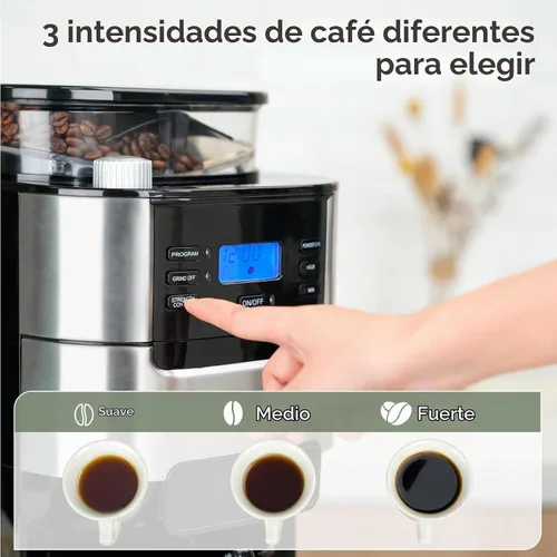 Vista 4 de Gevi Cafetera de 10 tazas con molinillo de rebabas integrado, temporizador programable, tanque de agua de 1.5L, filtro reutilizable y placa de negro