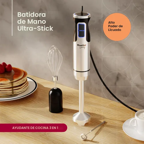 Vista 2 de Mueller Ultra-Stick - Batidora de mano multiusos, 500 W, 9 velocidades, motor de cobre puro, acabado de acero inoxidable cepillado, incluye