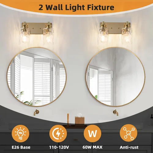 Vista 6 de Accesorios de lámpara de tocador de baño de 2 luces, moderna lámpara de baño dorada cepillada sobre espejo con pantalla de vidrio martillado