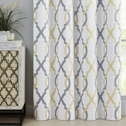 Vista 8 de Cortinas 100% blackout, de 54 pulgadas de largo, para dormitorio, amarillo gris sobre blanco con patrón geométrico marroquí, para sala de estar