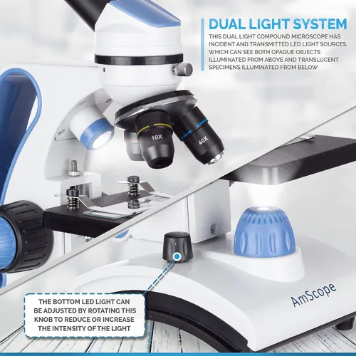 Vista 4 de AmScope M162C-2L-PB10-WM-SP14-50P100S 40X-1000X Kit de microscopio para principiantes para niños y estudiantes con kit completo de accesorios