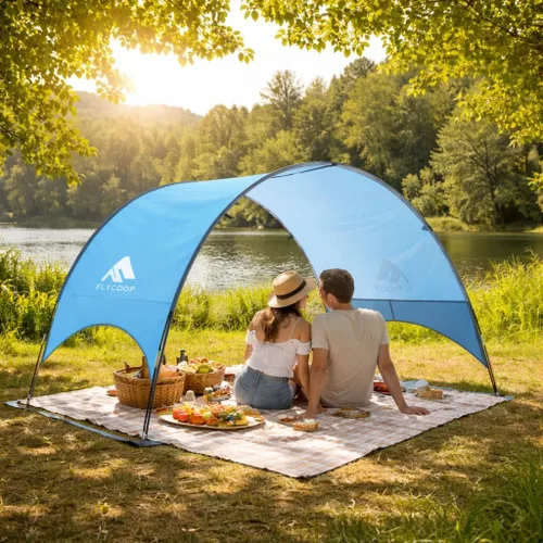 Vista 8 de Toldo para sombrilla de playa mejorado 2026 con protección UV UPF 50+, tienda de playa portátil para sol, ventilación de 360°, 4 bolsas de arena