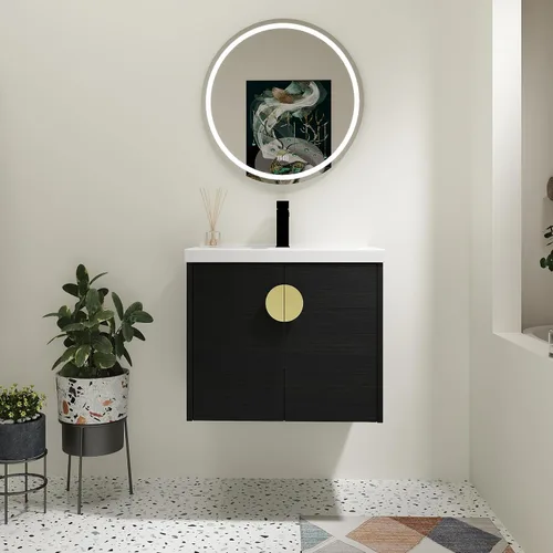 Vista 3 de Tocador de baño de 24 pulgadas con lavabo, juego de tocador flotante Mordern con mango de metal dorado y parte superior de fregadero de cerámica