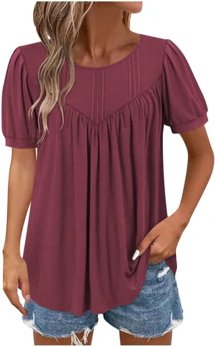 Vista 9 de Blusas para mujer, elegantes, casuales, de verano, de manga corta, plisadas, holgadas, suaves, cómodas, de moda a01 blanco