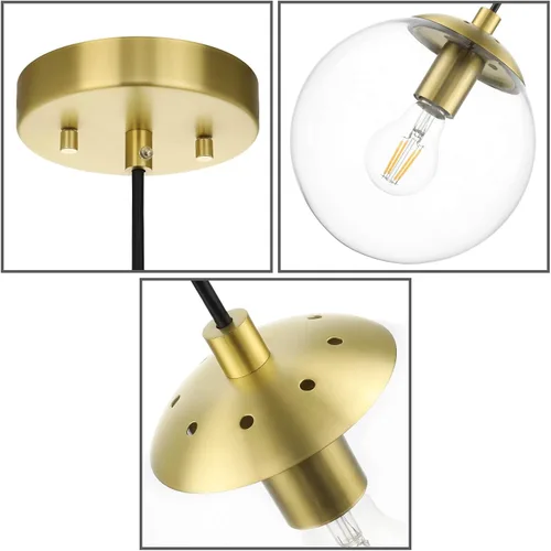 Vista 8 de XiNBEi Lighting - Lámpara colgante de globo de 8 pulgadas con latón satinado de vidrio transparente Mid Century Modern, Adjustable, Round Hanging