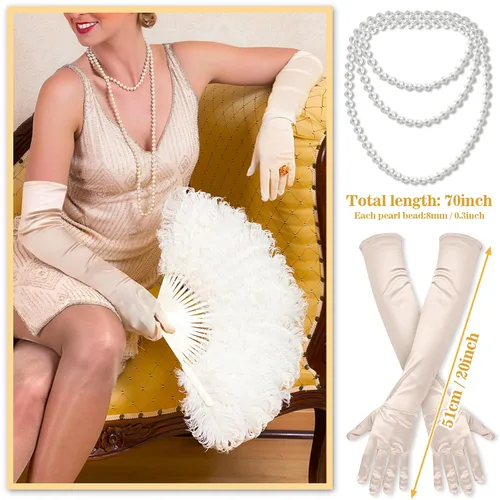 Vista 3 de cridoz Accesorios de flapper para mujer, accesorios de flapper de los años 20, accesorios de Gatsby de los años 20, accesorios para mujer (beige)