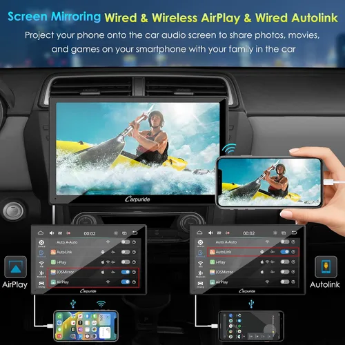 Vista 3 de Carpuride Estéreo de coche doble DIN de 9 pulgadas con CarPlay y radio