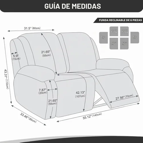 Vista 5 de Vctops - Funda elástica de 6 piezas para sofá biplaza reclinable, de cuero sintético impermeable, protector de muebles antideslizante con borde Negro