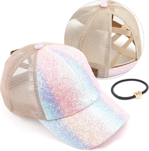 Vista 59 de C.C Gorra de béisbol de malla con diseño de estrella brillante, gorra de camionero ajustable para moño o cola de caballo Una banda elástica-negro