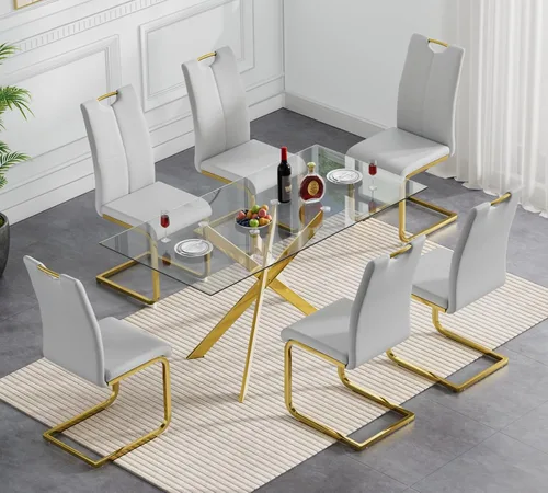 Vista 19 de Henf Juego de mesa de comedor de 5 piezas para 4, mesa de comedor rectangular de 51 pulgadas y 4 sillas de comedor de poliuretano gris carbón, mesa