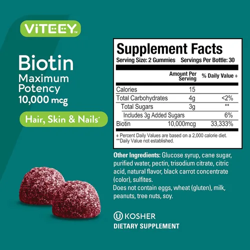 Vista 4 de Viteey Gomitas de biotina - 10,000 mcg - 60 unidades Gomitas de biotina para el crecimiento del cabello para la piel y las uñas, veganas, sin