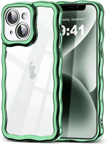 Vista 75 de SKYLMW Funda compatible con iPhone 12 Pro, diseño de ondas rizadas kawaii, borde chapado de lujo, elegante parte trasera transparente brillante, TPU